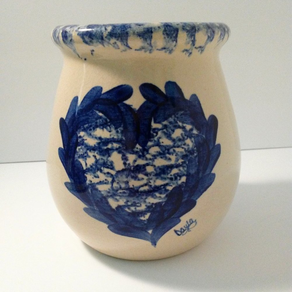 Ceramic Crock Container Vase Deco Heart Studio piece 6" tall beige blue